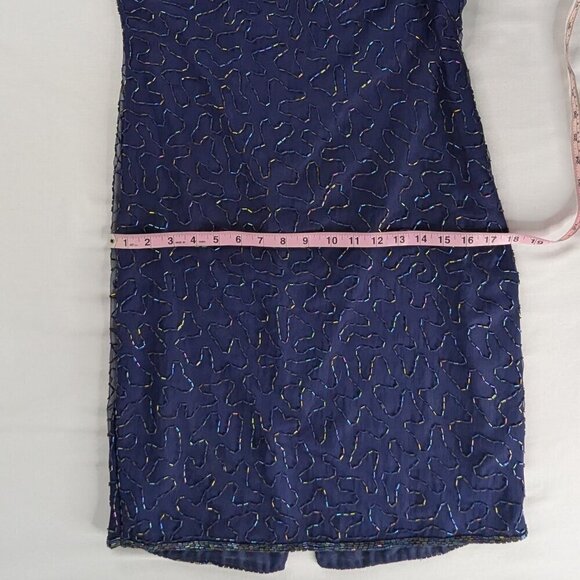 VTG Blue Silver Silk Beaded Short Sleeve Detailed Neckline Formal Evening Dress - Picture 6 of 7